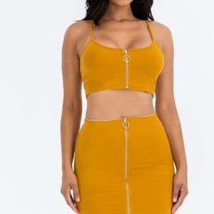Mustard Gold Crop Top and Mini Skirt Set Women’s S M L Ribbed Zipper Two Piece
